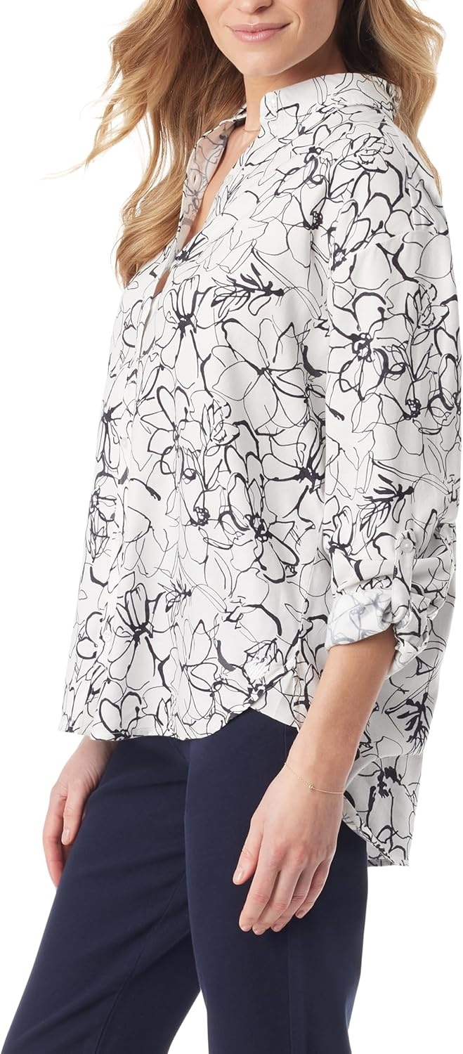 image:imageGloria Vanderbilt Womens Amanda Oversized Button Down Shirt with Rolltab SleevesVintage White Ink Brush Floral