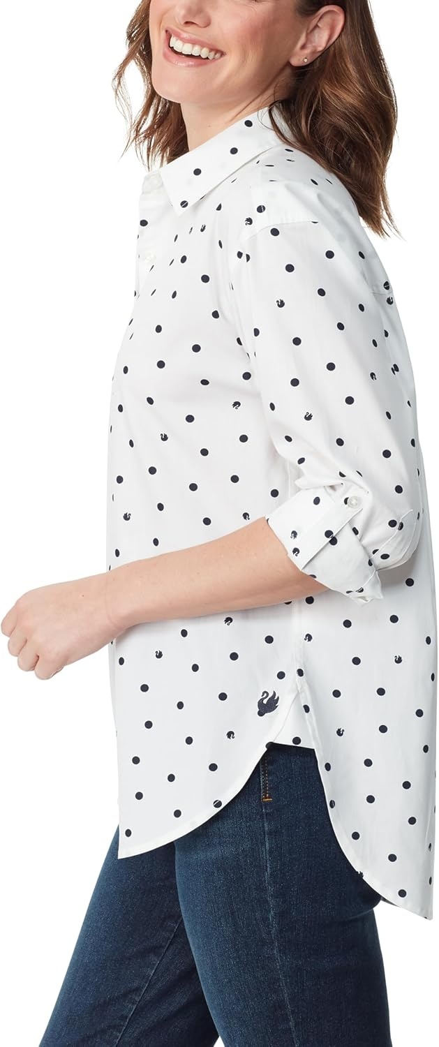 image:imageGloria Vanderbilt Womens Amanda Oversized Button Down Shirt with Rolltab SleevesVintage White Space Dots Swan