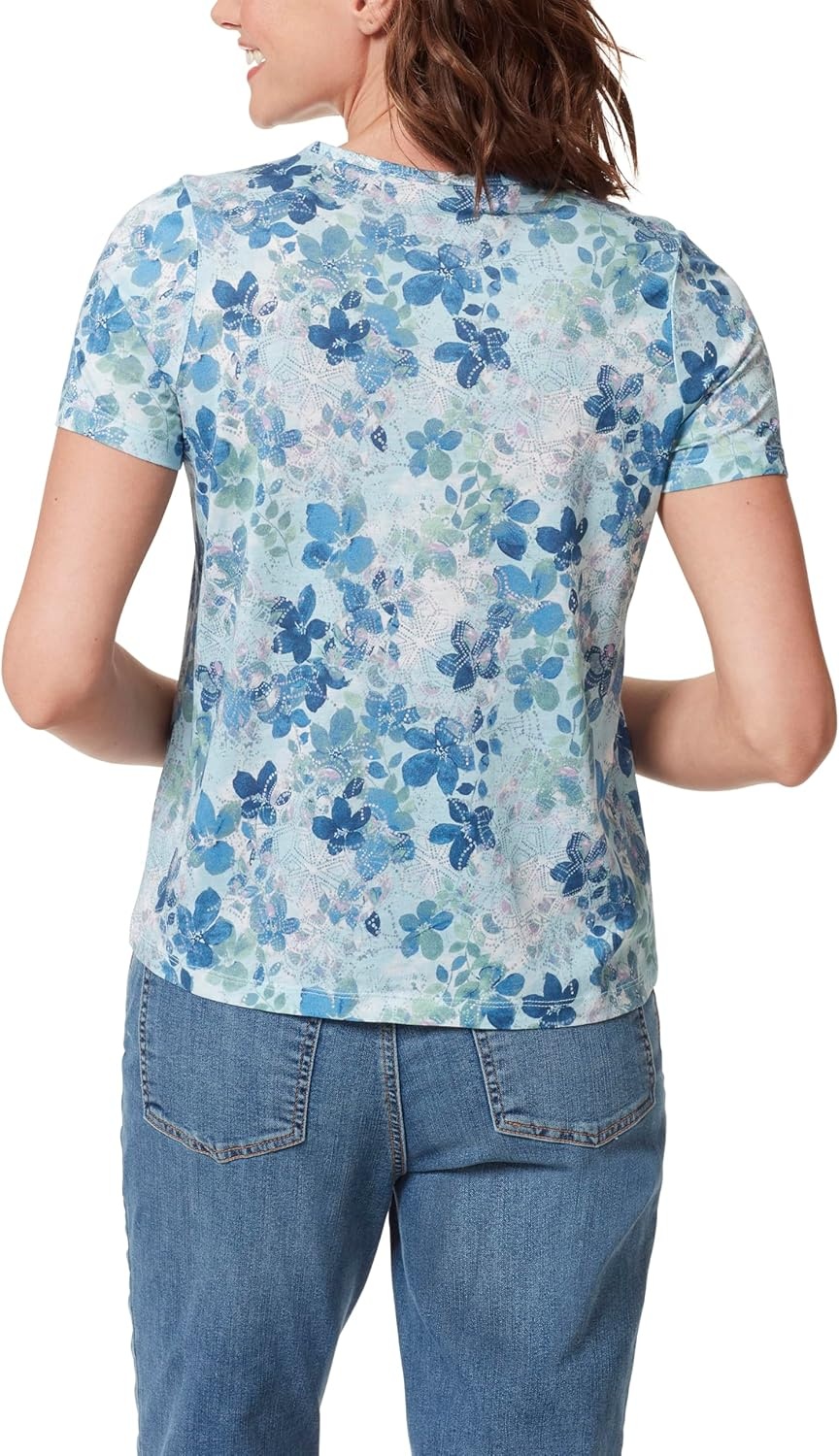 image:imageGloria Vanderbilt Womens Amanda Short Sleeve Knit Tee Shirt with Wide Crew Neck StandardBlue Breeze Floral Empire