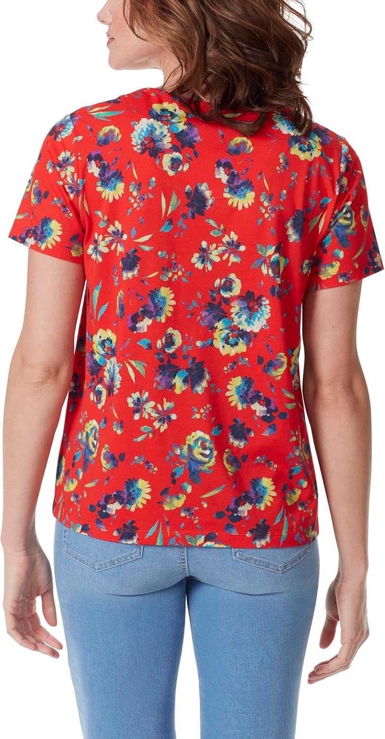 image:imageGloria Vanderbilt Womens Amanda Short Sleeve Knit Tee Shirt with Wide Crew Neck StandardRed Spark Summer Garden
