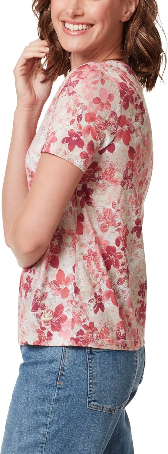 image:imageGloria Vanderbilt Womens Amanda Short Sleeve Knit Tee Shirt with Wide Crew Neck StandardStonewood Floral Empire