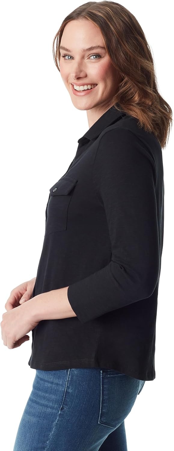 image:imageGloria Vanderbilt Womens Ashten 34 Sleeve Button Down Shirt with Curved Hem StandardBlack