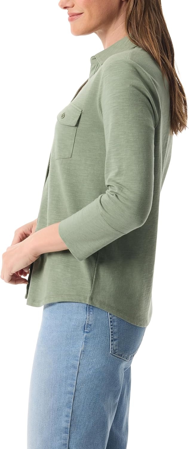 image:imageGloria Vanderbilt Womens Ashten 34 Sleeve Button Down Shirt with Curved Hem StandardGarden Sage