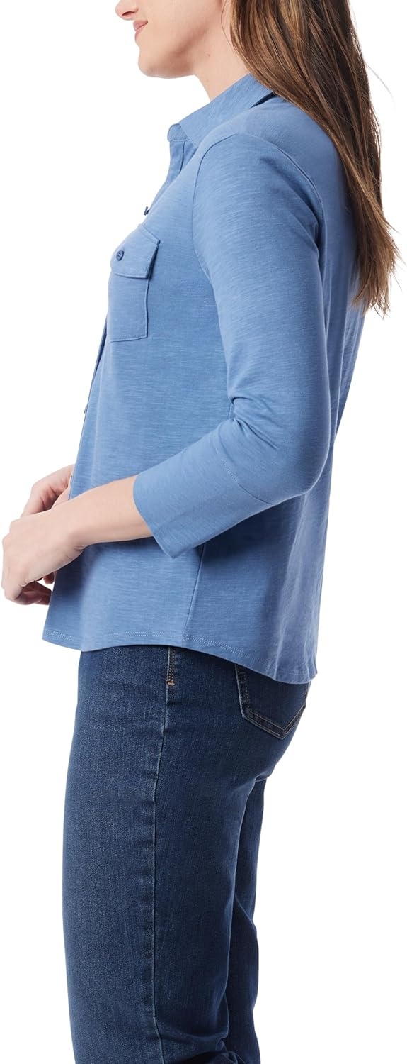 image:imageGloria Vanderbilt Womens Ashten 34 Sleeve Button Down Shirt with Curved Hem StandardHorizon Slate