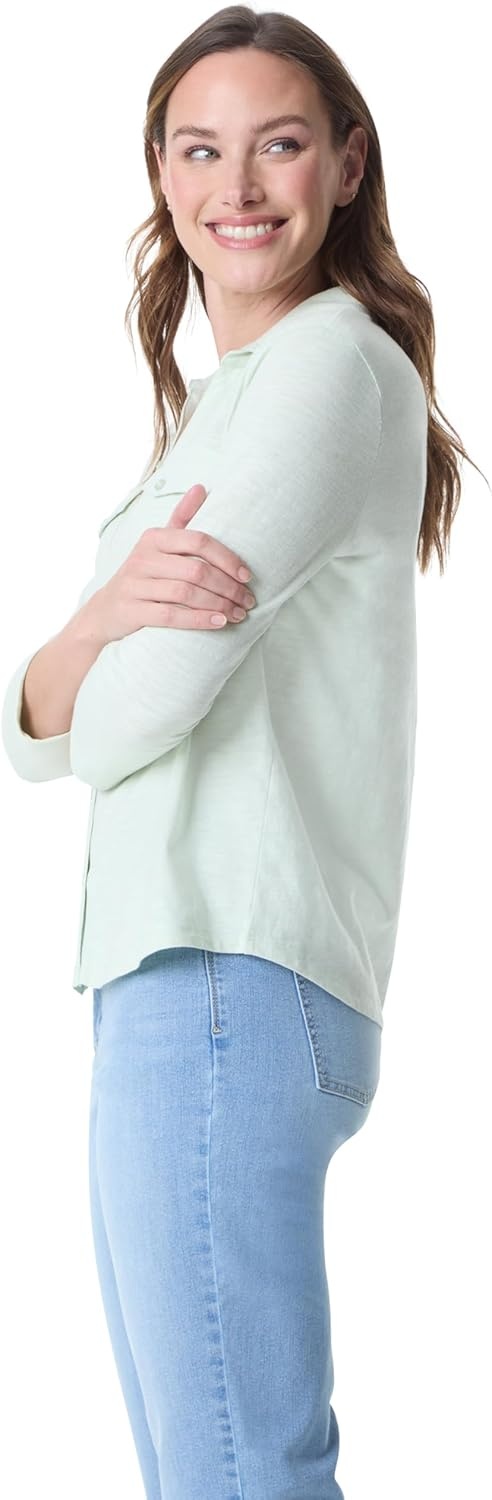 image:imageGloria Vanderbilt Womens Ashten 34 Sleeve Button Down Shirt with Curved Hem StandardWarm Mint