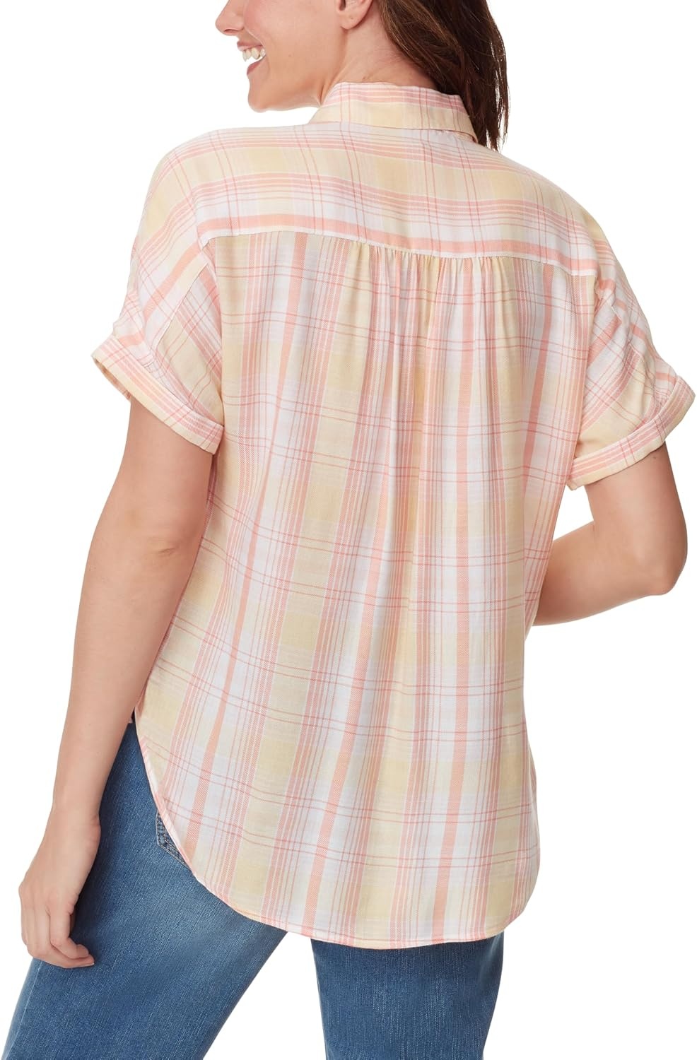 image:imageGloria Vanderbilt Womens Daisy Short Sleeve HighLow Button Down Shirt StandardAlmond Cream Piper Plaid