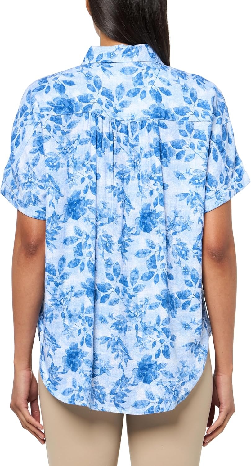 image:imageGloria Vanderbilt Womens Daisy Short Sleeve HighLow Button Down Shirt StandardCool Lagoon Toile De Jouy