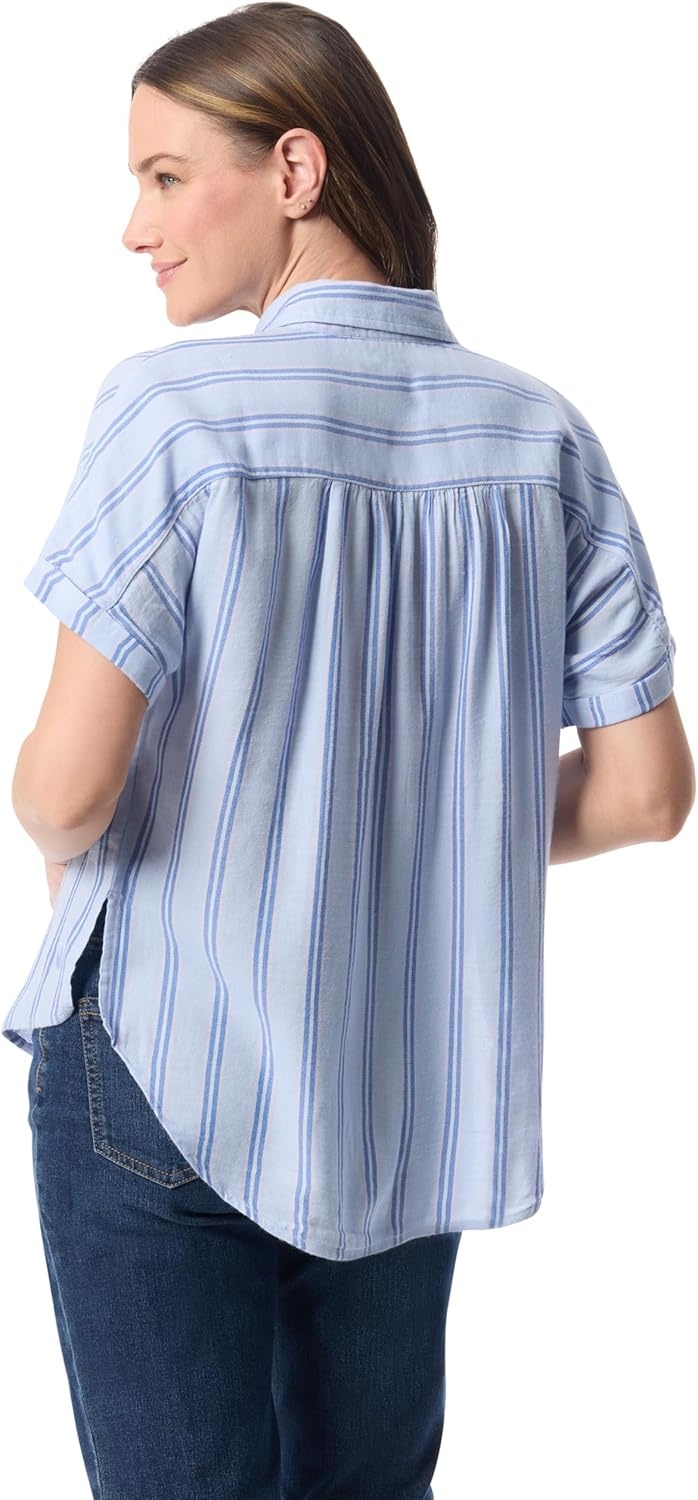 image:imageGloria Vanderbilt Womens Daisy Short Sleeve HighLow Button Down Shirt StandardDreamy Blue Metropolitan Stripe