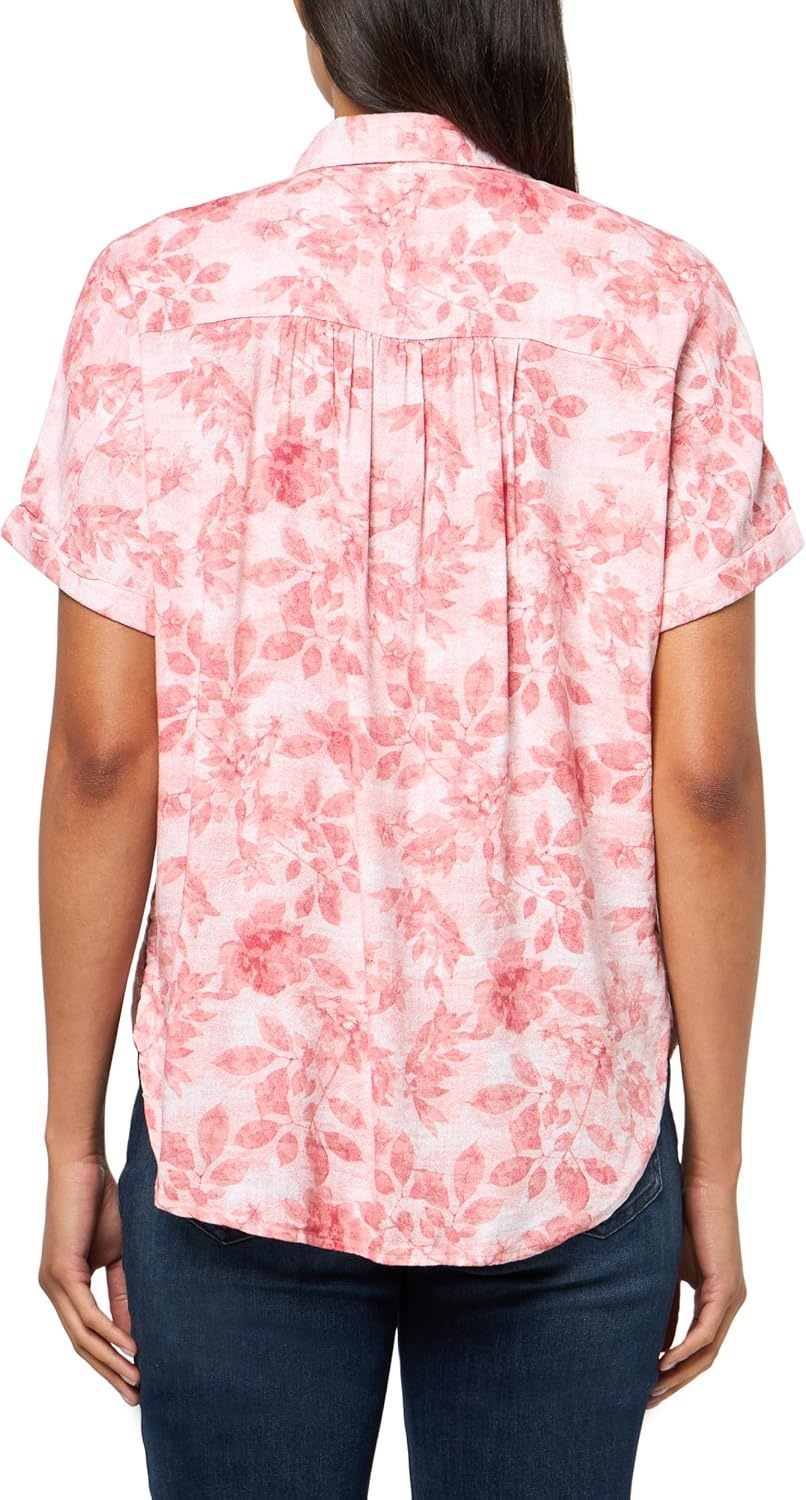 image:imageGloria Vanderbilt Womens Daisy Short Sleeve HighLow Button Down Shirt StandardGuava Ice Toile De Jouy