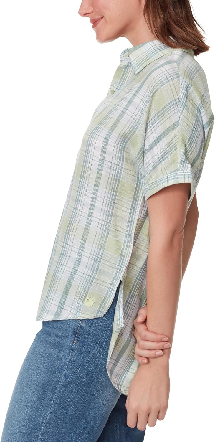 image:imageGloria Vanderbilt Womens Daisy Short Sleeve HighLow Button Down Shirt StandardMatcha Latte Piper Plaid