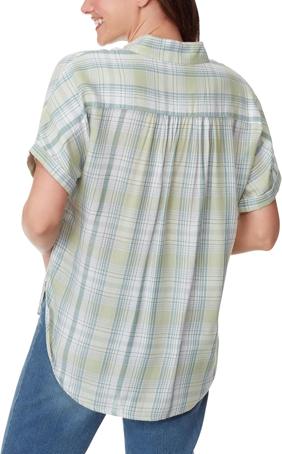 image:imageGloria Vanderbilt Womens Daisy Short Sleeve HighLow Button Down Shirt StandardMatcha Latte Piper Plaid