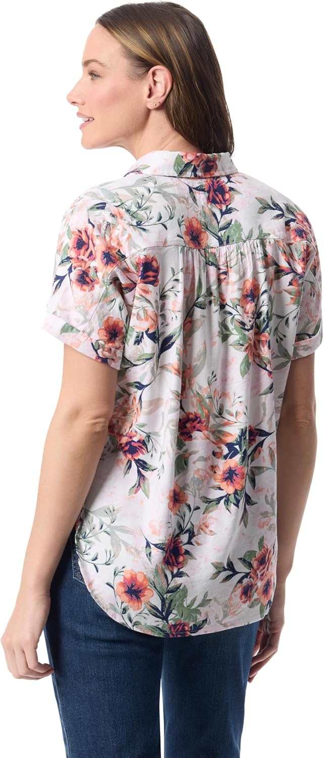 image:imageGloria Vanderbilt Womens Daisy Short Sleeve HighLow Button Down Shirt StandardMulti White Toscana Floral