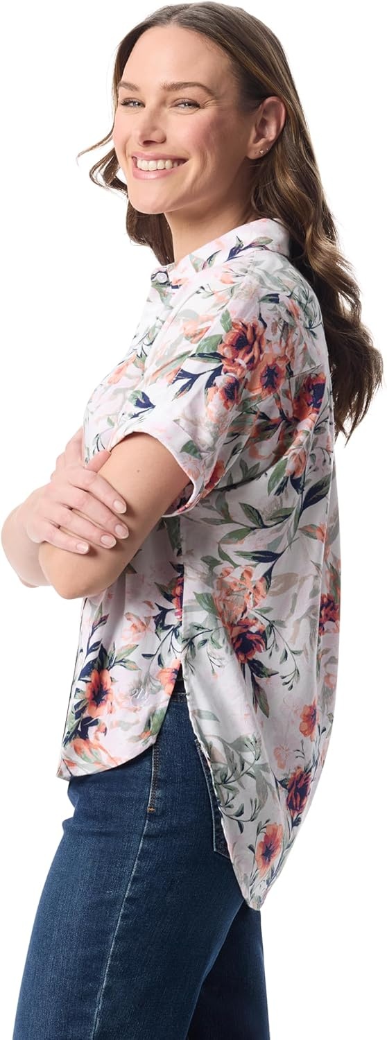image:imageGloria Vanderbilt Womens Daisy Short Sleeve HighLow Button Down Shirt StandardMulti White Toscana Floral