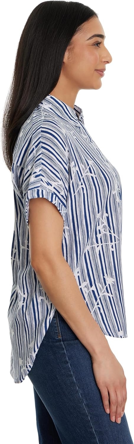 image:imageGloria Vanderbilt Womens Daisy Short Sleeve HighLow Button Down Shirt StandardNaval Blue Prairie Stripe