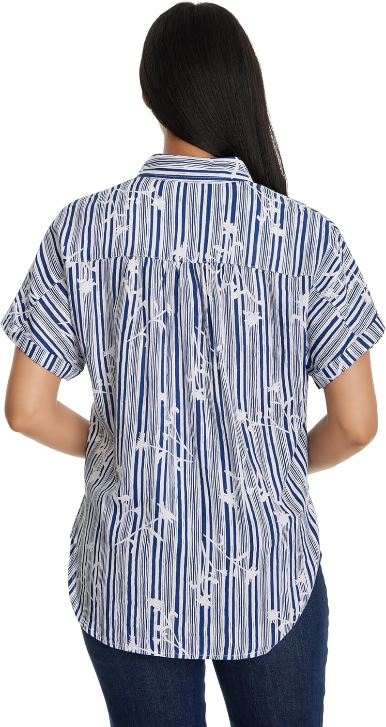 image:imageGloria Vanderbilt Womens Daisy Short Sleeve HighLow Button Down Shirt StandardNaval Blue Prairie Stripe