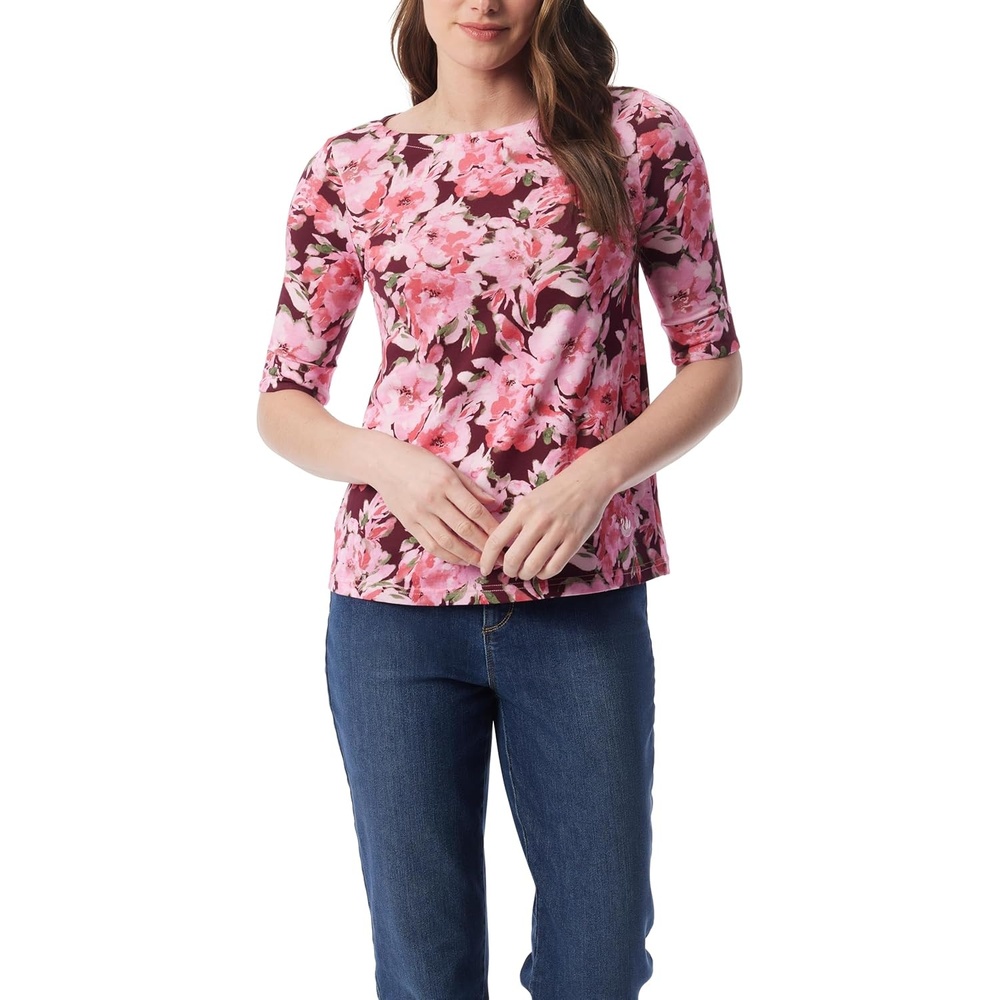 image:imageGloria Vanderbilt Womens Alanis Boat Neck Knit Tee Shirt with Elbow Sleeves StandardBurgundy Elixir Hazy Bloom
