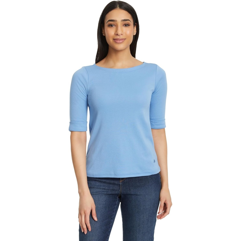 image:imageGloria Vanderbilt Womens Alanis Boat Neck Knit Tee Shirt with Elbow Sleeves StandardCool Lagoon