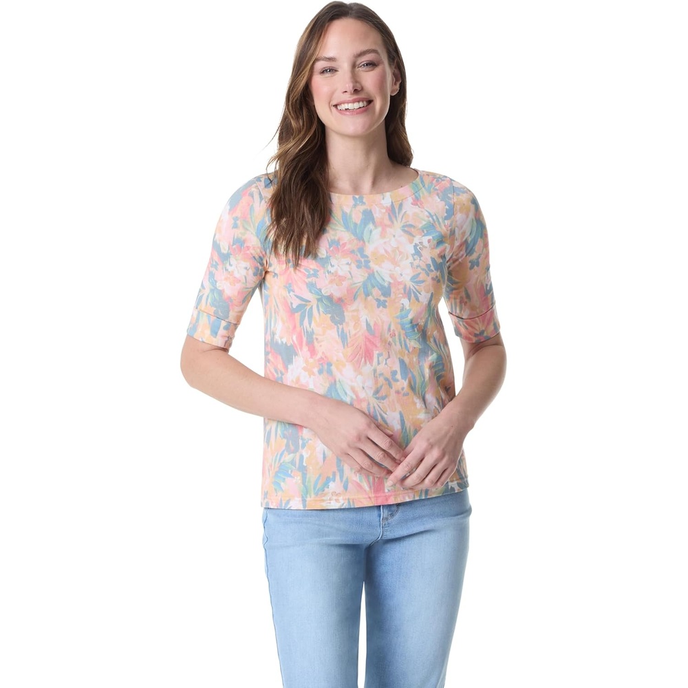 image:imageGloria Vanderbilt Womens Alanis Boat Neck Knit Tee Shirt with Elbow Sleeves StandardGuava Ice Brushed Jardin