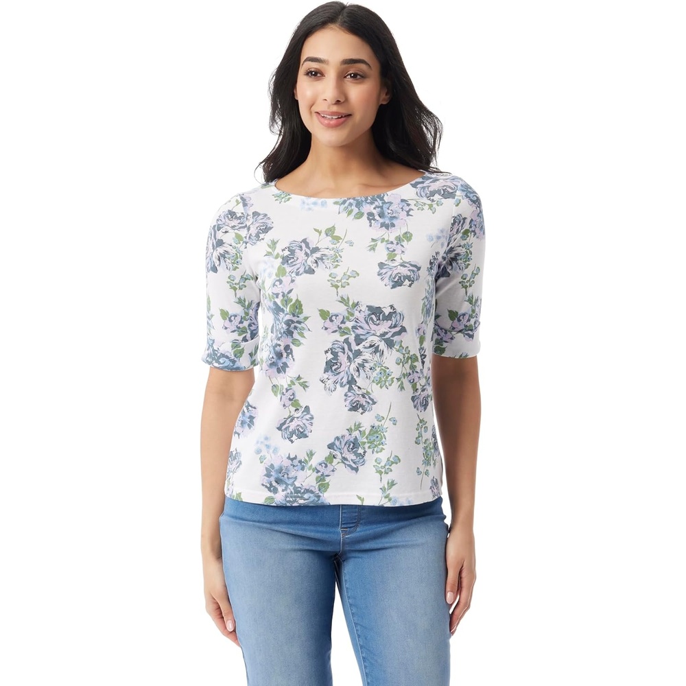 image:imageGloria Vanderbilt Womens Alanis Boat Neck Knit Tee Shirt with Elbow Sleeves StandardMulti White Oleander Garden
