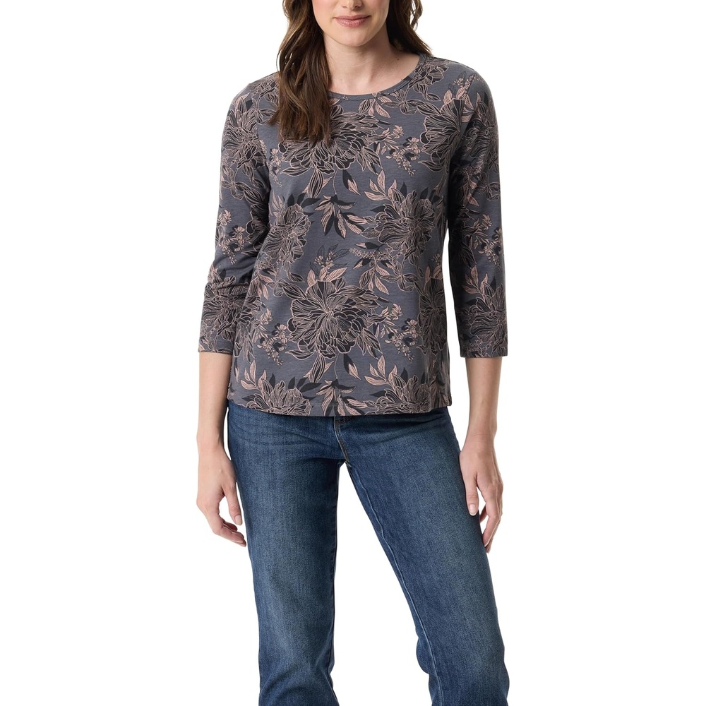 image:imageGloria Vanderbilt Womens Amanda 34 Sleeve Soft Knit Top StandardBoulder Grey Linear Peony