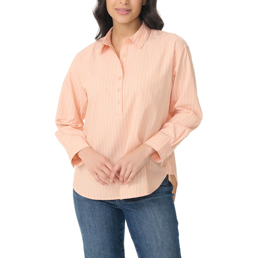 image:imageGloria Vanderbilt Womens Amanda HighLow Long Sleeve Pullover Shirt StandardCreamy Peach Shopper Stripe