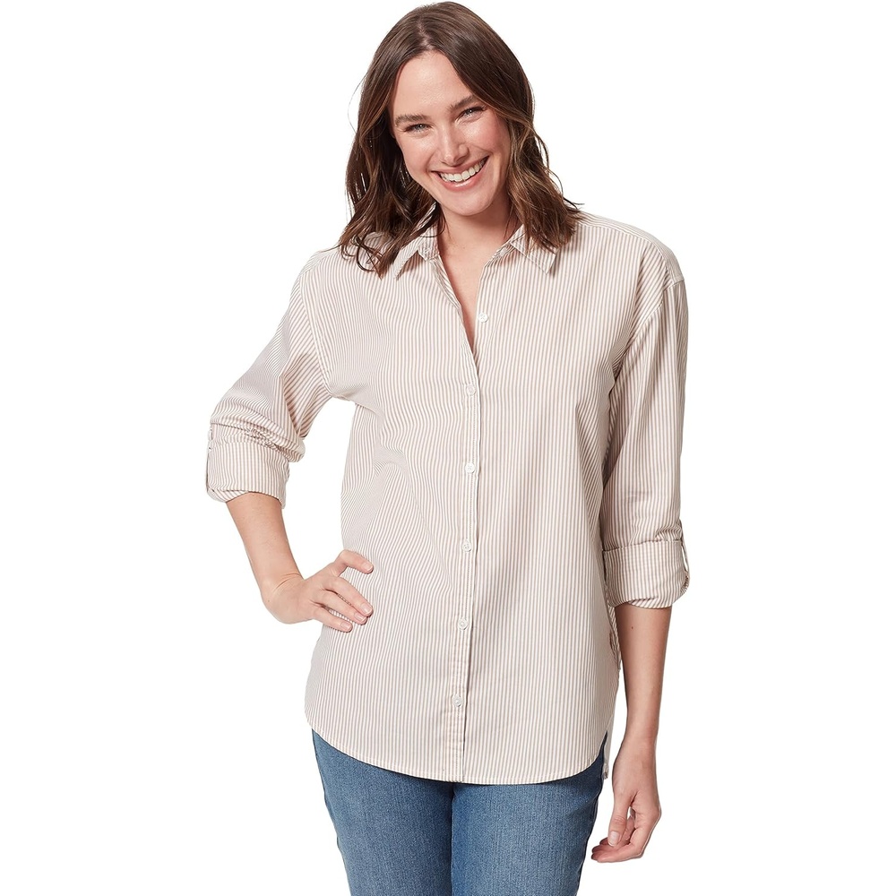 image:imageGloria Vanderbilt Womens Amanda Oversized Button Down Shirt with Rolltab SleevesBuckskin Stripe