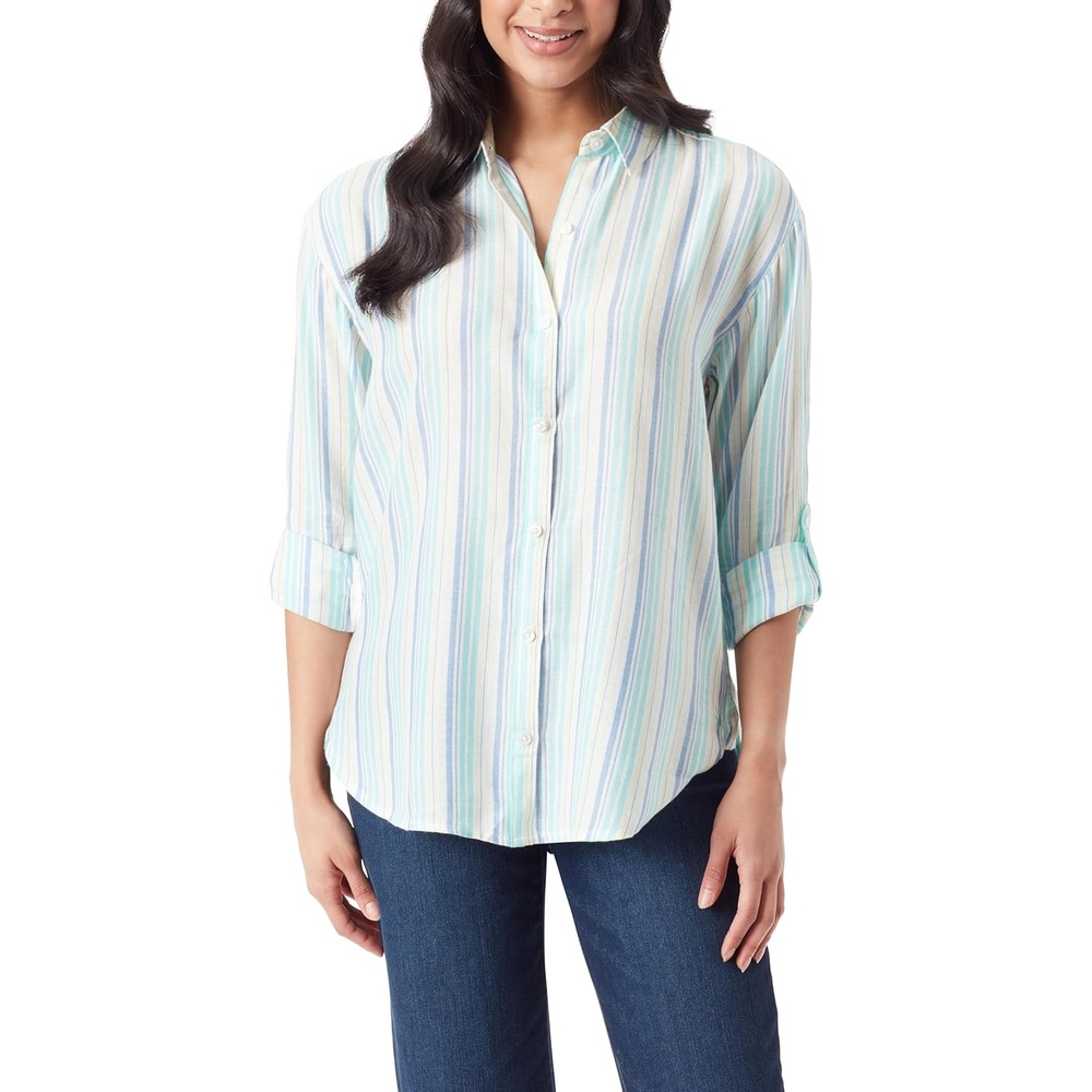 image:imageGloria Vanderbilt Womens Amanda Oversized Button Down Shirt with Rolltab SleevesClearwater Blue Greetings Stripe
