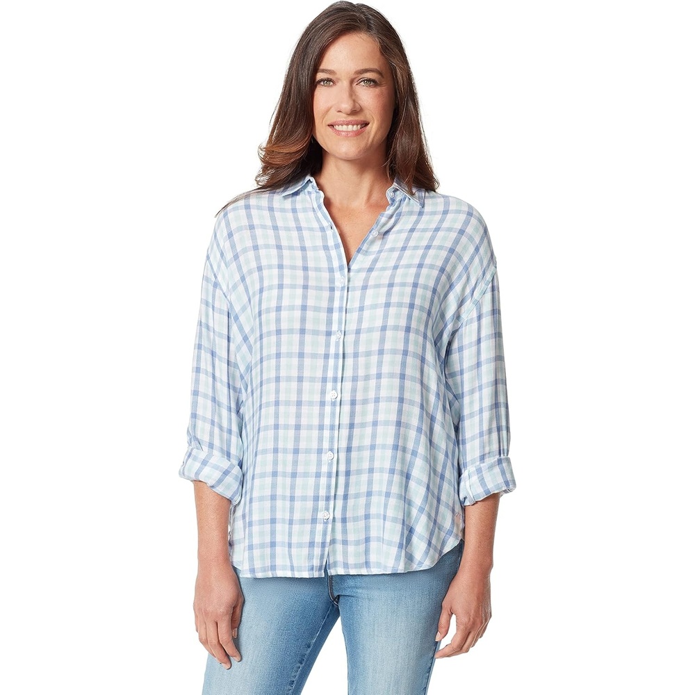 image:imageGloria Vanderbilt Womens Amanda Oversized Button Down Shirt with Rolltab SleevesPale Sky Woodland Gingham