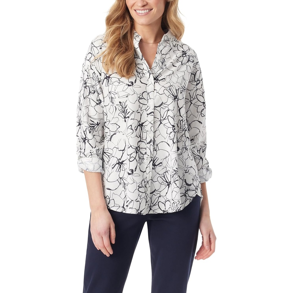 image:imageGloria Vanderbilt Womens Amanda Oversized Button Down Shirt with Rolltab SleevesVintage White Ink Brush Floral