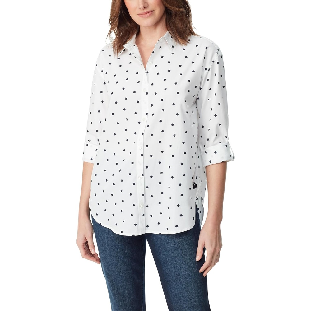 image:imageGloria Vanderbilt Womens Amanda Oversized Button Down Shirt with Rolltab SleevesVintage White Space Dots Swan