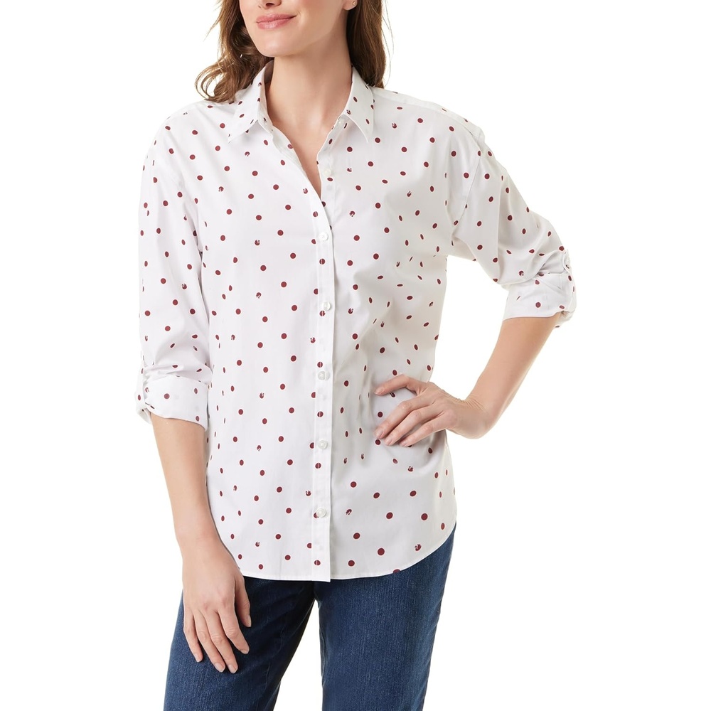 image:imageGloria Vanderbilt Womens Amanda Oversized Button Down Shirt with Rolltab SleevesVintage WhiteGarnet Gem Space Dots  Swan
