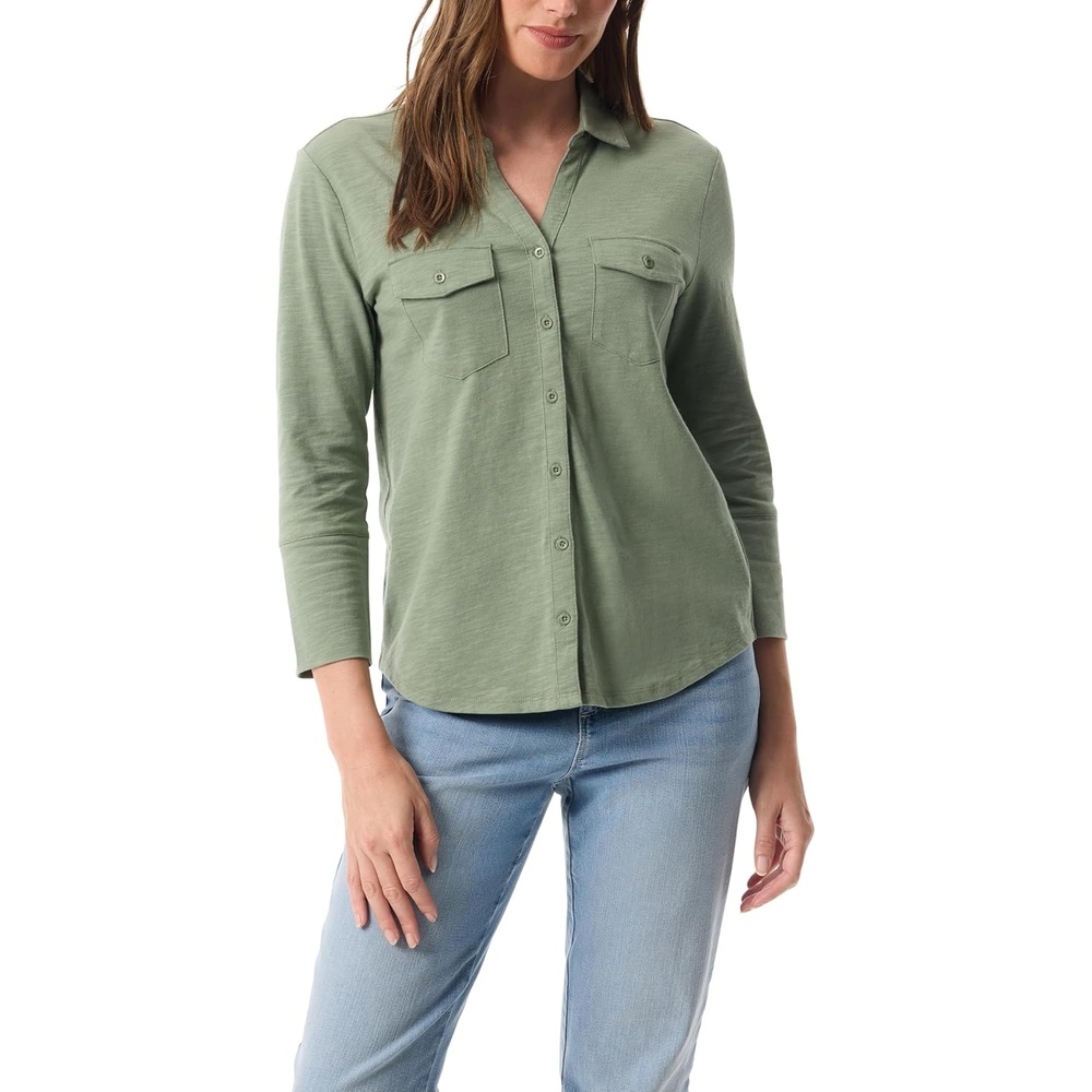 image:imageGloria Vanderbilt Womens Ashten 34 Sleeve Button Down Shirt with Curved Hem StandardGarden Sage