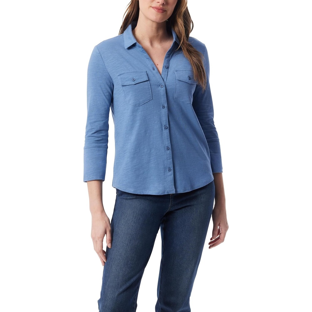 image:imageGloria Vanderbilt Womens Ashten 34 Sleeve Button Down Shirt with Curved Hem StandardHorizon Slate