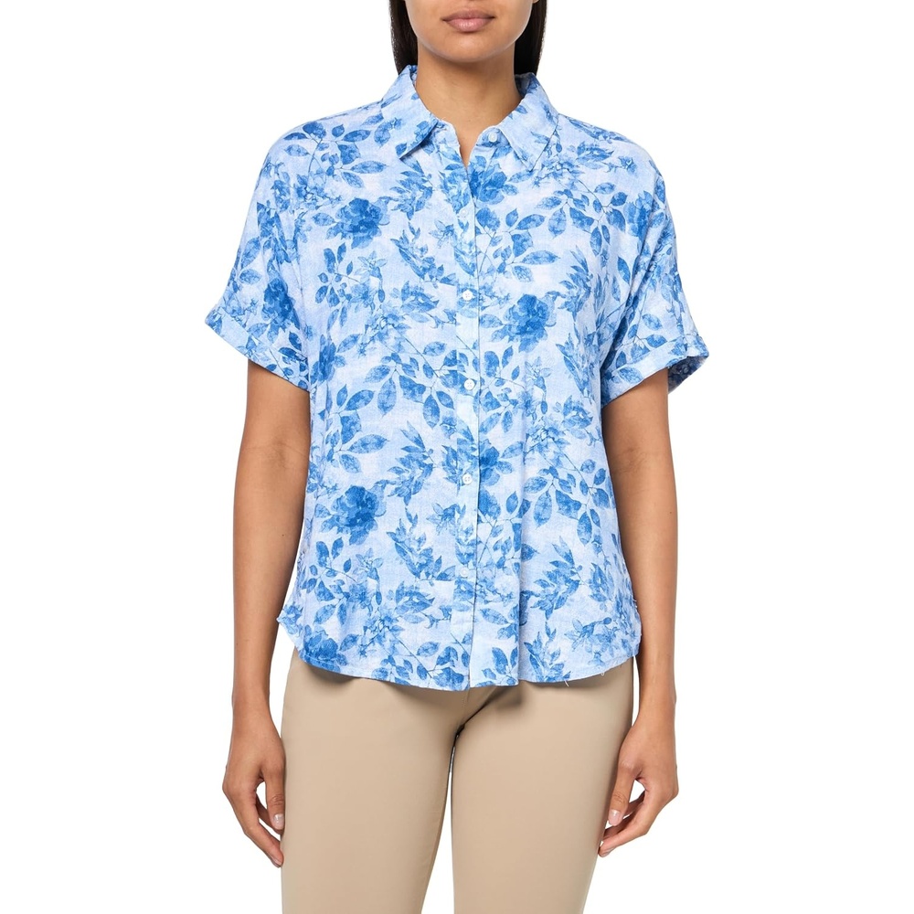 image:imageGloria Vanderbilt Womens Daisy Short Sleeve HighLow Button Down Shirt StandardCool Lagoon Toile De Jouy
