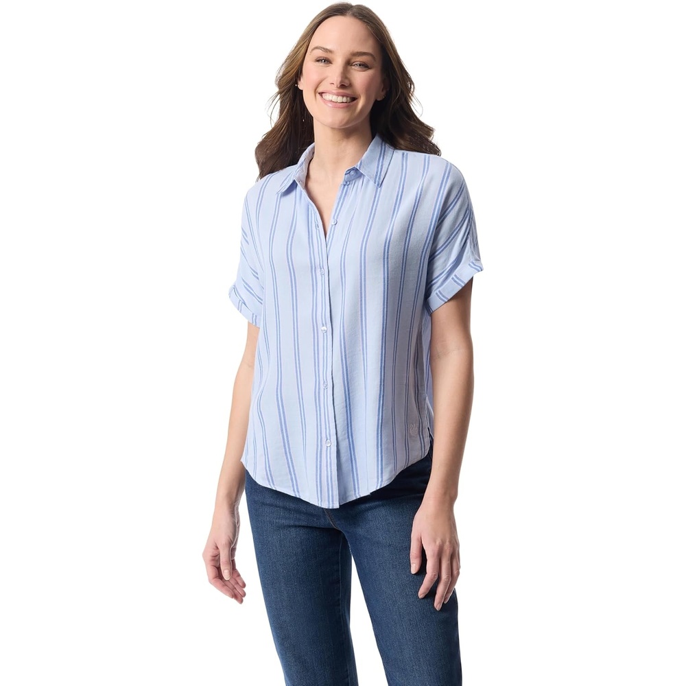 image:imageGloria Vanderbilt Womens Daisy Short Sleeve HighLow Button Down Shirt StandardDreamy Blue Metropolitan Stripe