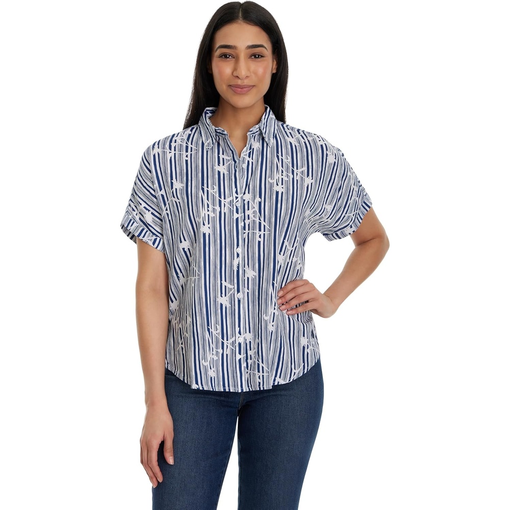 image:imageGloria Vanderbilt Womens Daisy Short Sleeve HighLow Button Down Shirt StandardNaval Blue Prairie Stripe