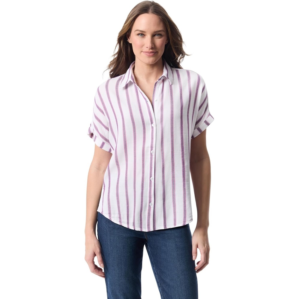 image:imageGloria Vanderbilt Womens Daisy Short Sleeve HighLow Button Down Shirt StandardVintage White Metropolitan Stripe