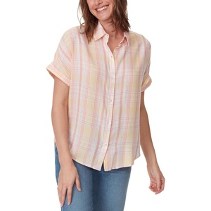 image:imageGloria Vanderbilt Womens Daisy Short Sleeve HighLow Button Down Shirt StandardAlmond Cream  Piper Plaid
