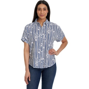 image:imageGloria Vanderbilt Womens Daisy Short Sleeve HighLow Button Down Shirt StandardNaval Blue Prairie Stripe