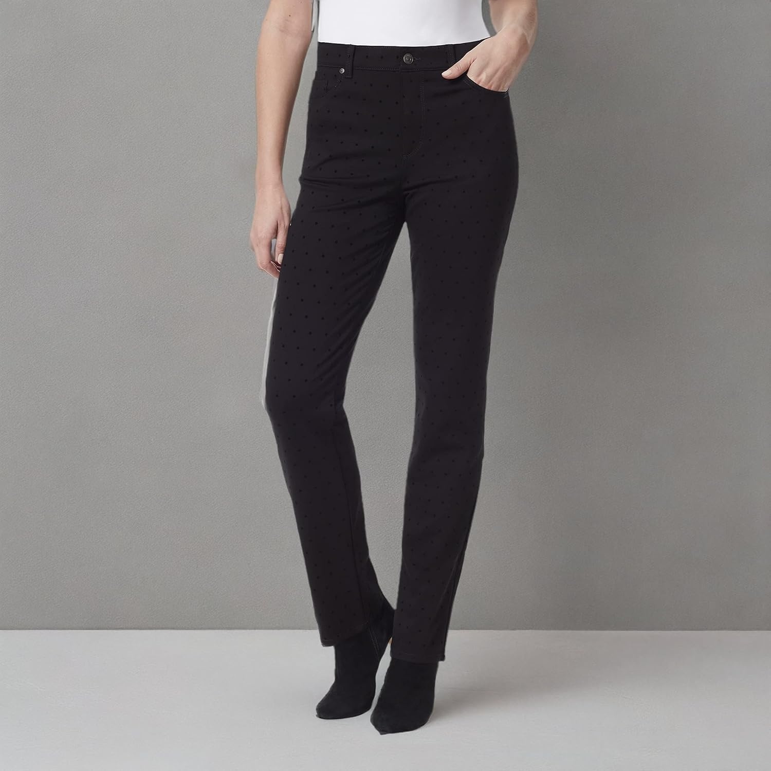 image:imageGloria Vanderbilt Womens Amanda Ponte High Rise Knit Pant PetiteFlocked Polka Dot